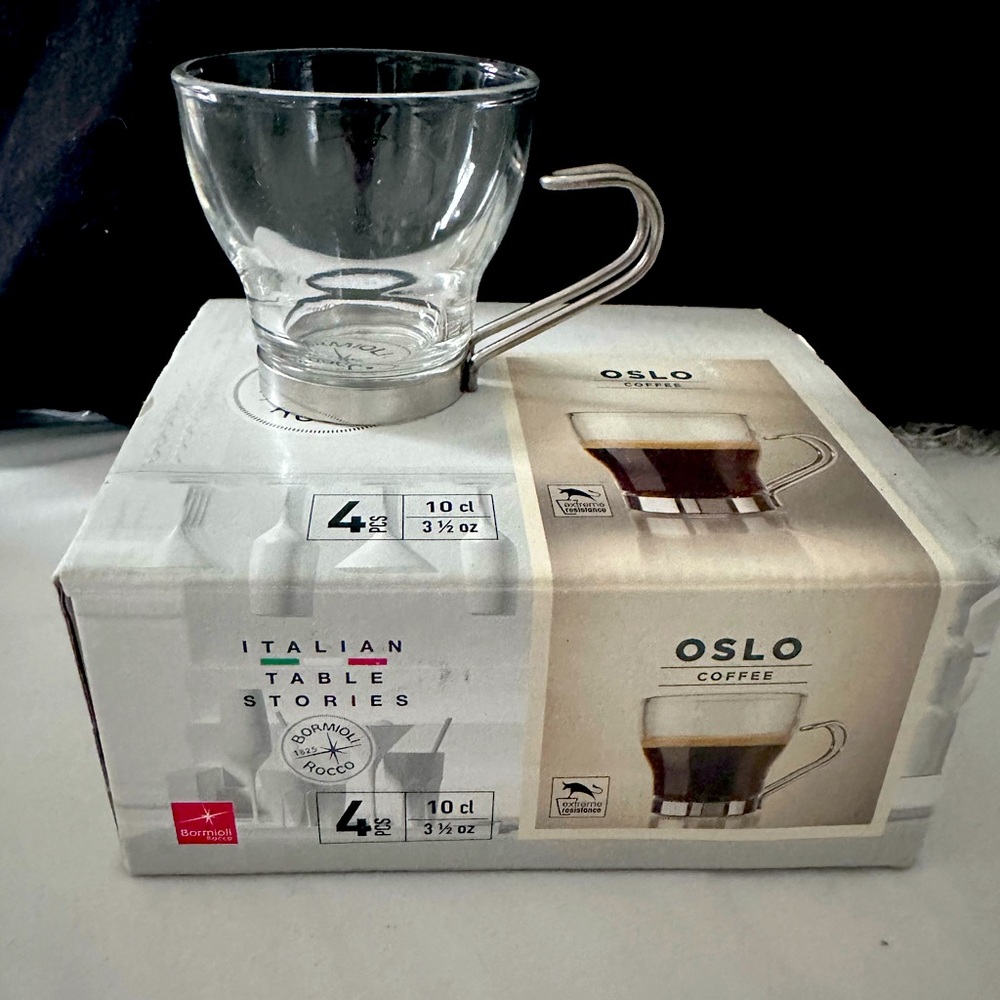Bormioli Rocco glass and metal Espresso cups set of 4 NIB